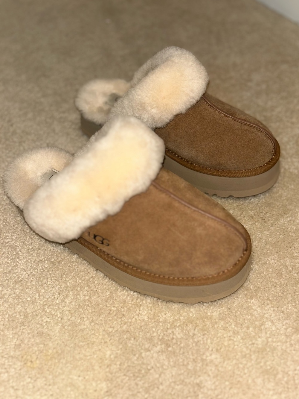 UGG Women's Chestnut Suede Shearling Cuff Mule Slippers